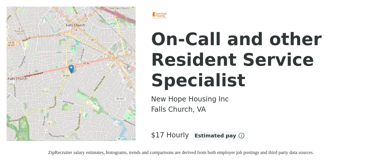 New Hope Housing Inc job posting for a On-Call and other Resident Service Specialist in Falls Church, VA with a salary of $18 Hourly with a map of Falls Church location.