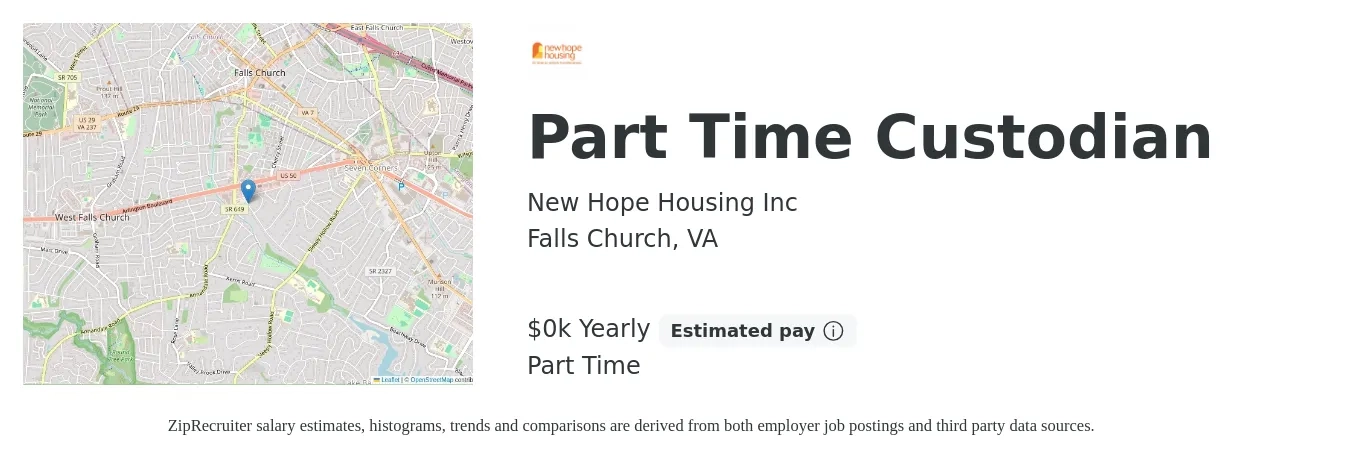 New Hope Housing Inc job posting for a Part Time Custodian in Falls Church, VA with a salary of $18 Yearly with a map of Falls Church location.