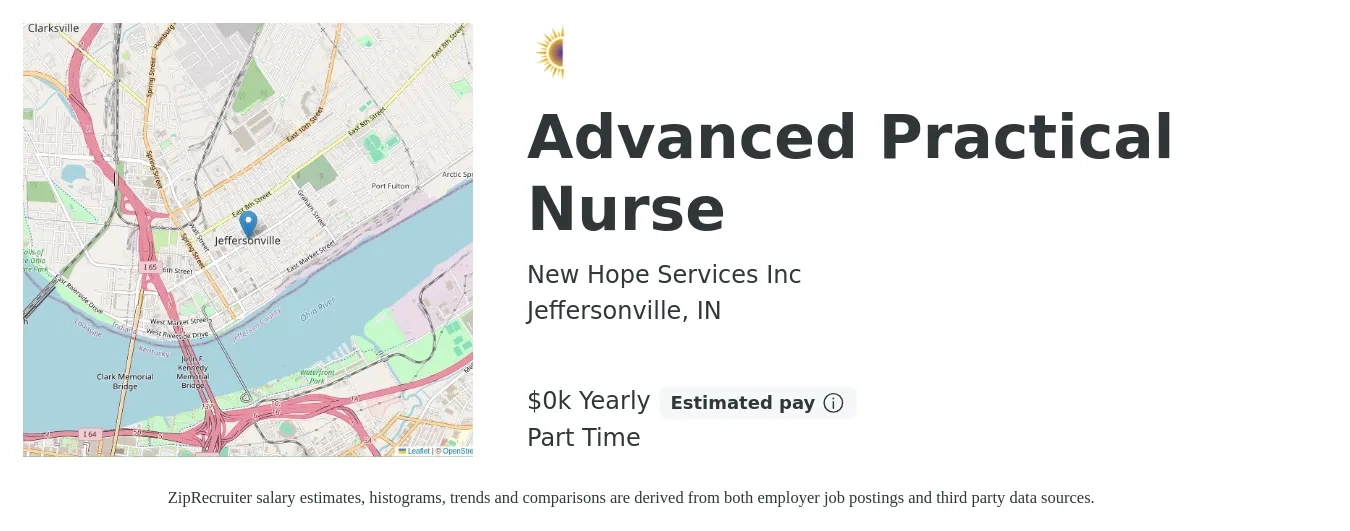 New Hope Services Inc job posting for a Advanced Practical Nurse in Jeffersonville, IN with a salary of $35 Yearly with a map of Jeffersonville location.