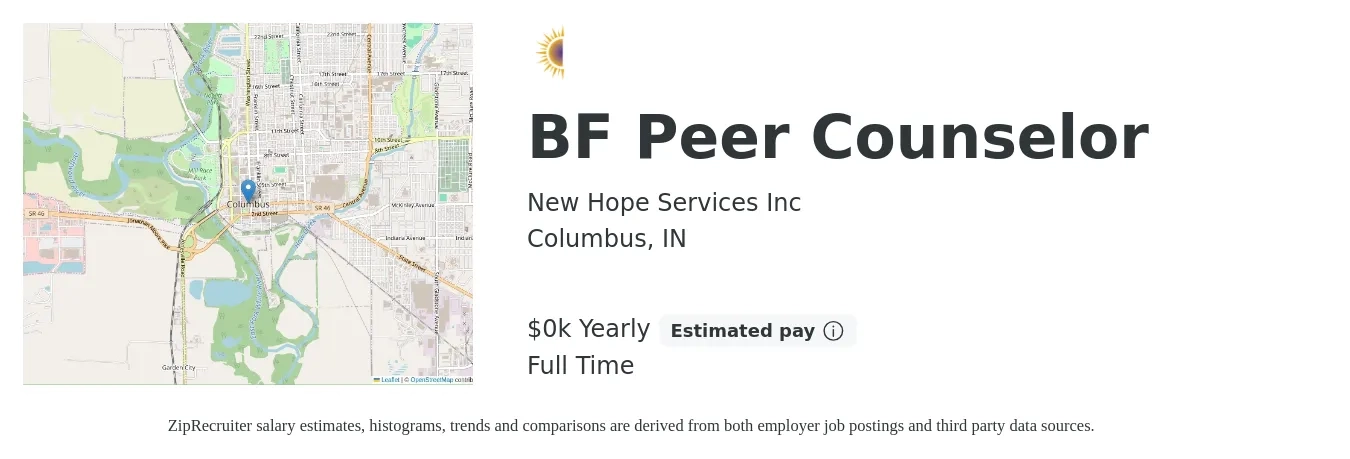 New Hope Services Inc job posting for a BF Peer Counselor in Columbus, IN with a salary of $15 Yearly with a map of Columbus location.