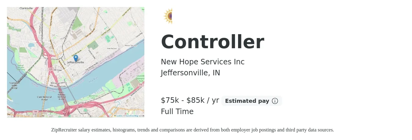 New Hope Services Inc job posting for a Controller in Jeffersonville, IN with a salary of $75,000 to $85,000 Yearly with a map of Jeffersonville location.
