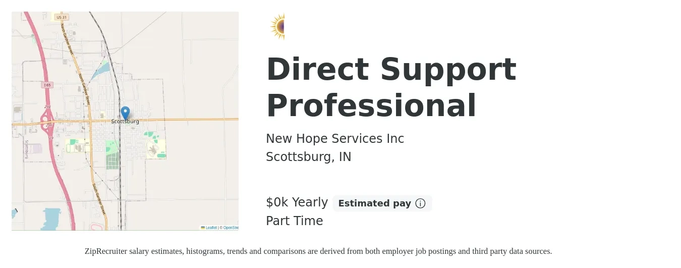 New Hope Services Inc job posting for a Direct Support Professional in Scottsburg, IN with a salary of $15 Yearly with a map of Scottsburg location.