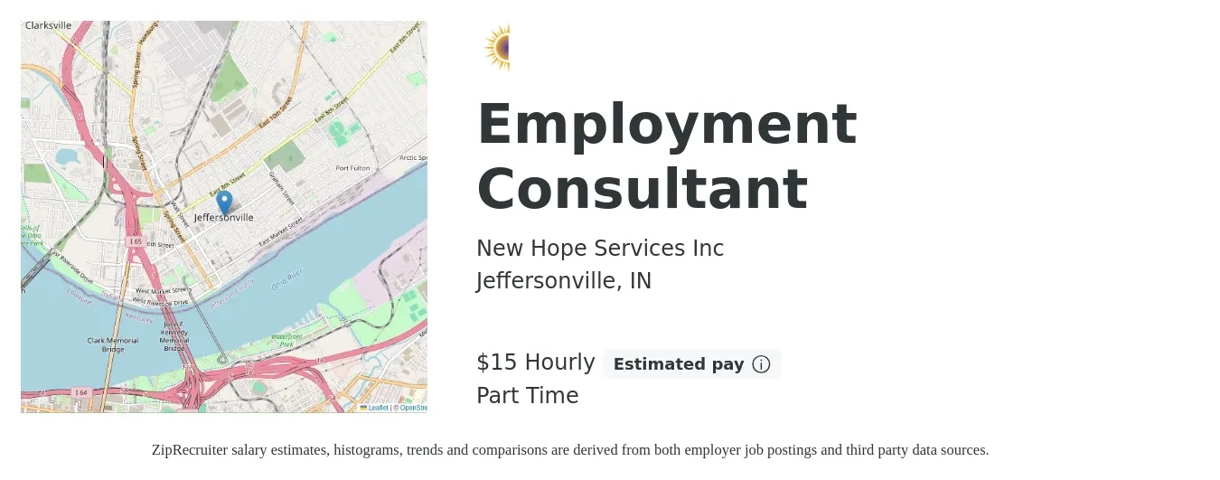 New Hope Services Inc job posting for a Employment Consultant in Jeffersonville, IN with a salary of $16 Hourly with a map of Jeffersonville location.