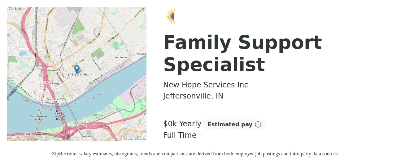 New Hope Services Inc job posting for a Family Support Specialist in Jeffersonville, IN with a salary of $17 Yearly with a map of Jeffersonville location.