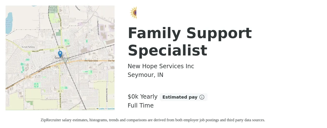 New Hope Services Inc job posting for a Family Support Specialist in Seymour, IN with a salary of $17 Yearly with a map of Seymour location.