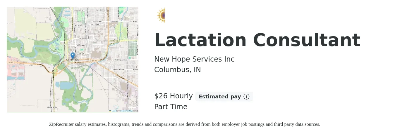New Hope Services Inc job posting for a Lactation Consultant in Columbus, IN with a salary of $28 Hourly with a map of Columbus location.