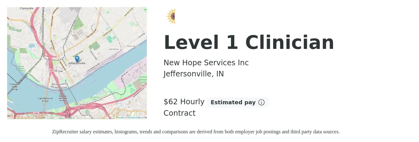 New Hope Services Inc job posting for a Level 1 Clinician in Jeffersonville, IN with a salary of $65 Hourly with a map of Jeffersonville location.