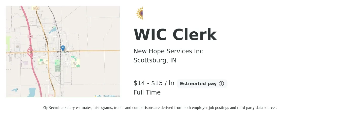 New Hope Services Inc job posting for a WIC Clerk in Scottsburg, IN with a salary of $15 to $16 Hourly with a map of Scottsburg location.