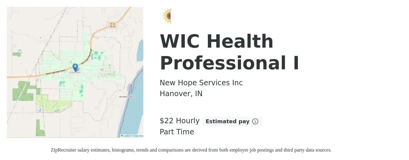 New Hope Services Inc job posting for a WIC Health Professional I in Hanover, IN with a salary of $23 Hourly with a map of Hanover location.
