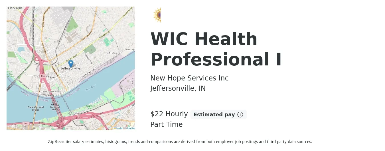New Hope Services Inc job posting for a WIC Health Professional I in Jeffersonville, IN with a salary of $23 Hourly with a map of Jeffersonville location.