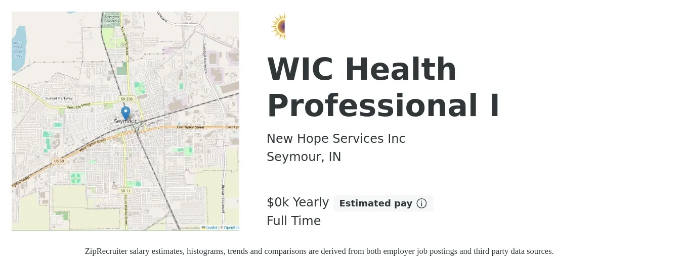 New Hope Services Inc job posting for a WIC Health Professional I in Seymour, IN with a salary of $23 to $24 Yearly with a map of Seymour location.