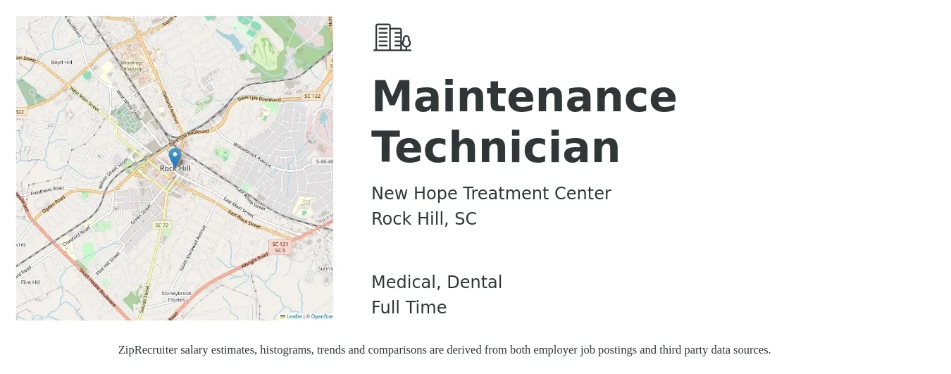 New Hope Treatment Center job posting for a Maintenance Technician in Rock Hill, SC with a salary of $16 to $22 Hourly and benefits including dental, and medical with a map of Rock Hill location.
