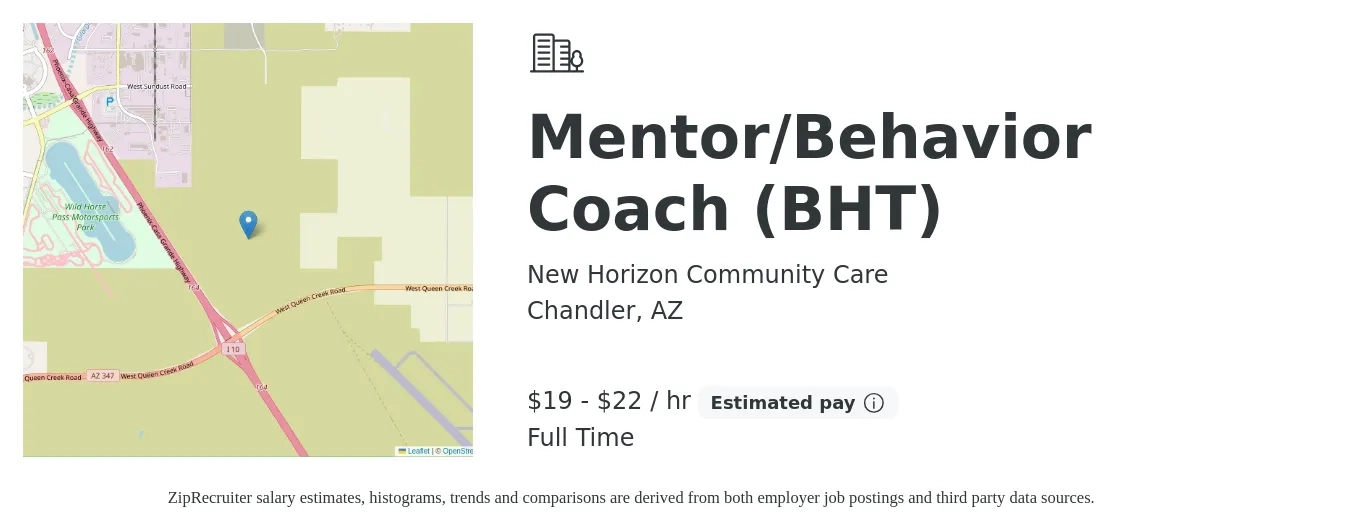 New Horizon Community Care job posting for a Mentor/Behavior Coach (BHT) in Chandler, AZ with a salary of $20 to $23 Hourly with a map of Chandler location.
