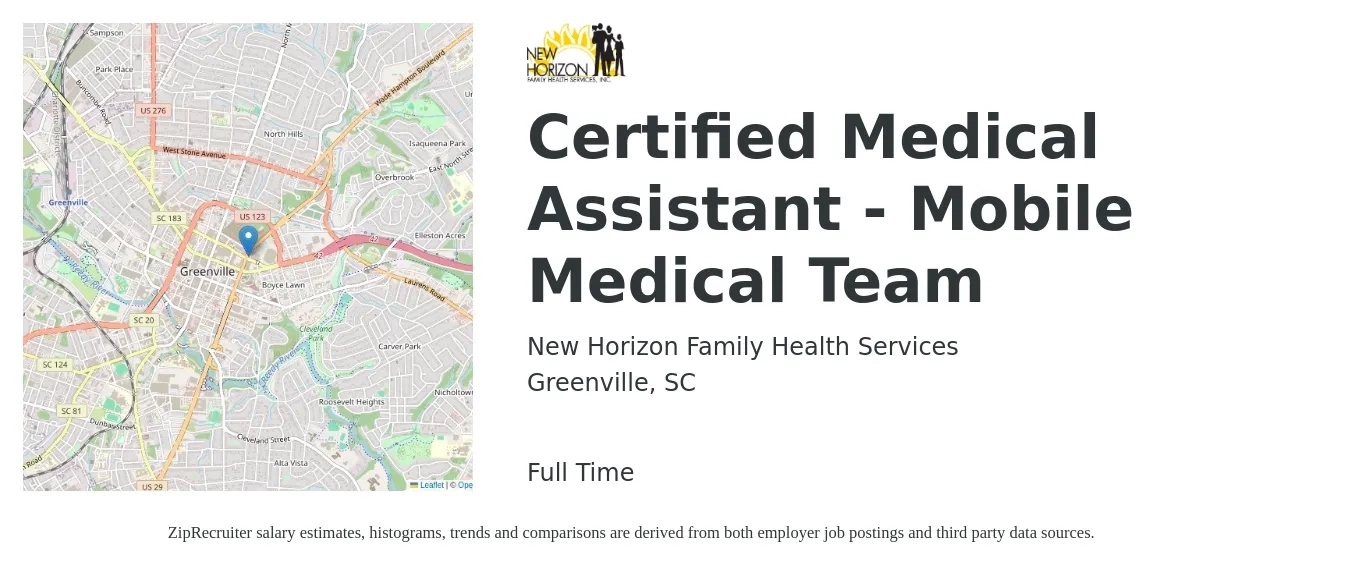 New Horizon Family Health Services job posting for a Certified Medical Assistant - Mobile Medical Team in Greenville, SC with a salary of $15 to $20 Hourly with a map of Greenville location.