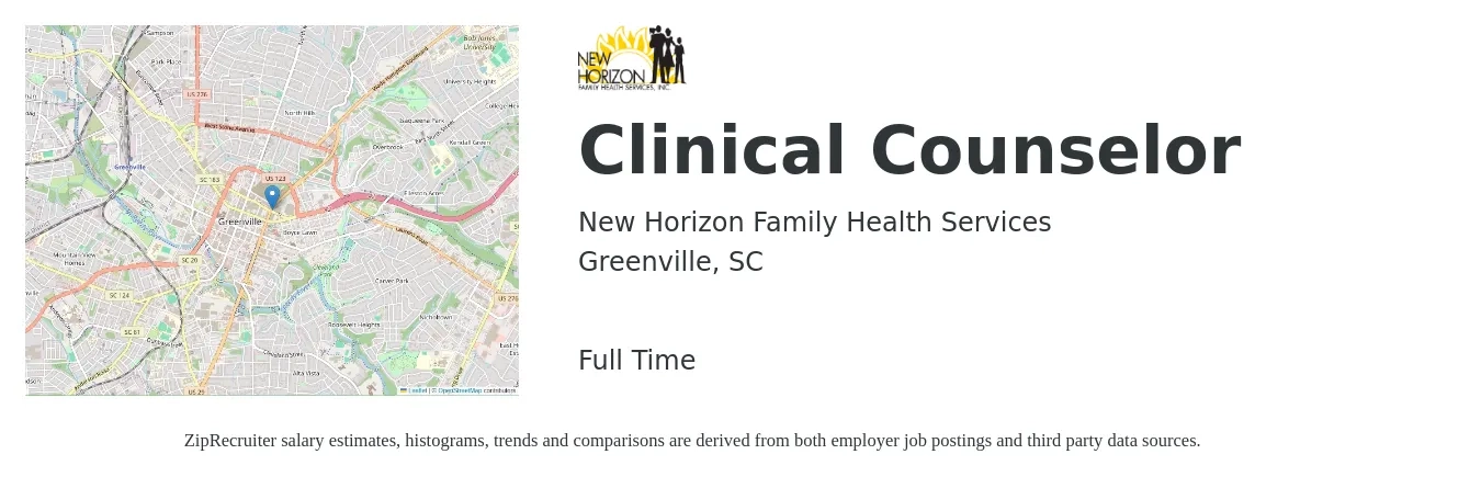 New Horizon Family Health Services job posting for a Clinical Counselor in Greenville, SC with a salary of $53,000 to $70,000 Yearly with a map of Greenville location.