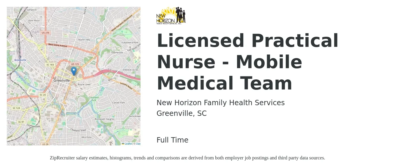 New Horizon Family Health Services job posting for a Licensed Practical Nurse - Mobile Medical Team in Greenville, SC with a salary of $23 to $31 Hourly with a map of Greenville location.