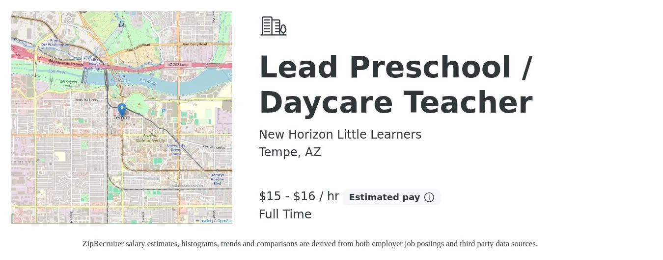 New Horizon Little Learners job posting for a Lead Preschool / Daycare Teacher in Tempe, AZ with a salary of $16 to $17 Hourly with a map of Tempe location.