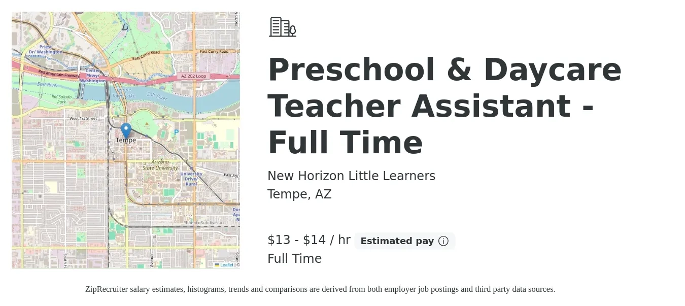 New Horizon Little Learners job posting for a Preschool & Daycare Teacher Assistant - Full Time in Tempe, AZ with a salary of $14 to $15 Hourly with a map of Tempe location.