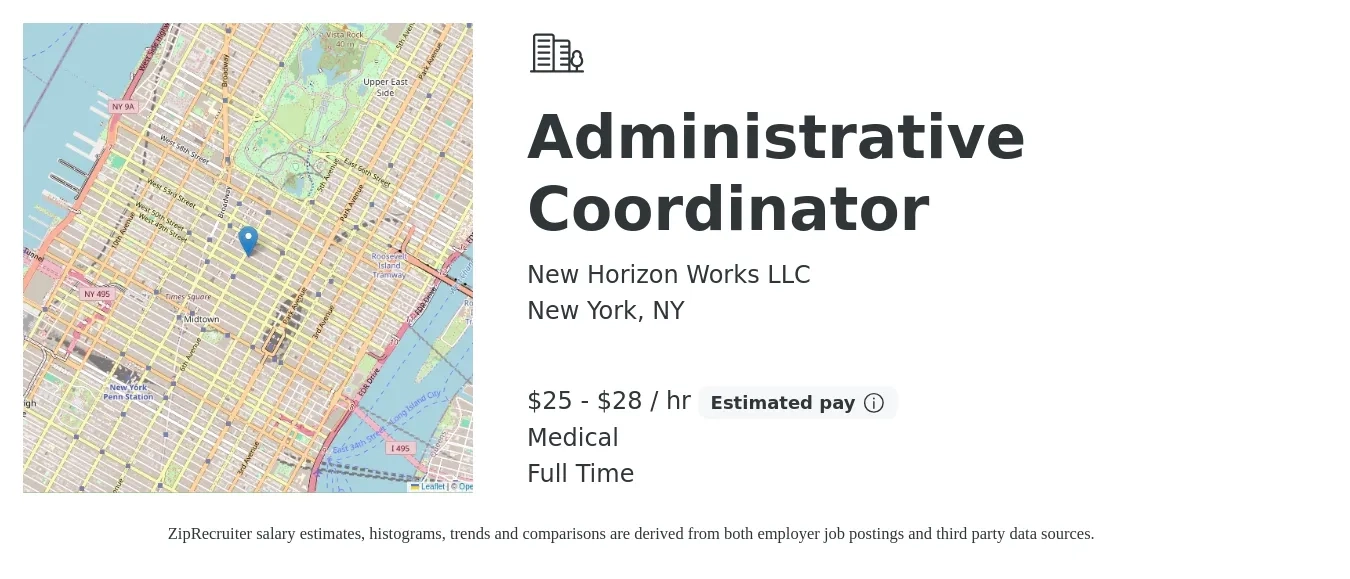 New Horizon Works LLC job posting for a Administrative Coordinator in New York, NY with a salary of $27 to $30 Hourly and benefits including pto, and medical with a map of New York location.