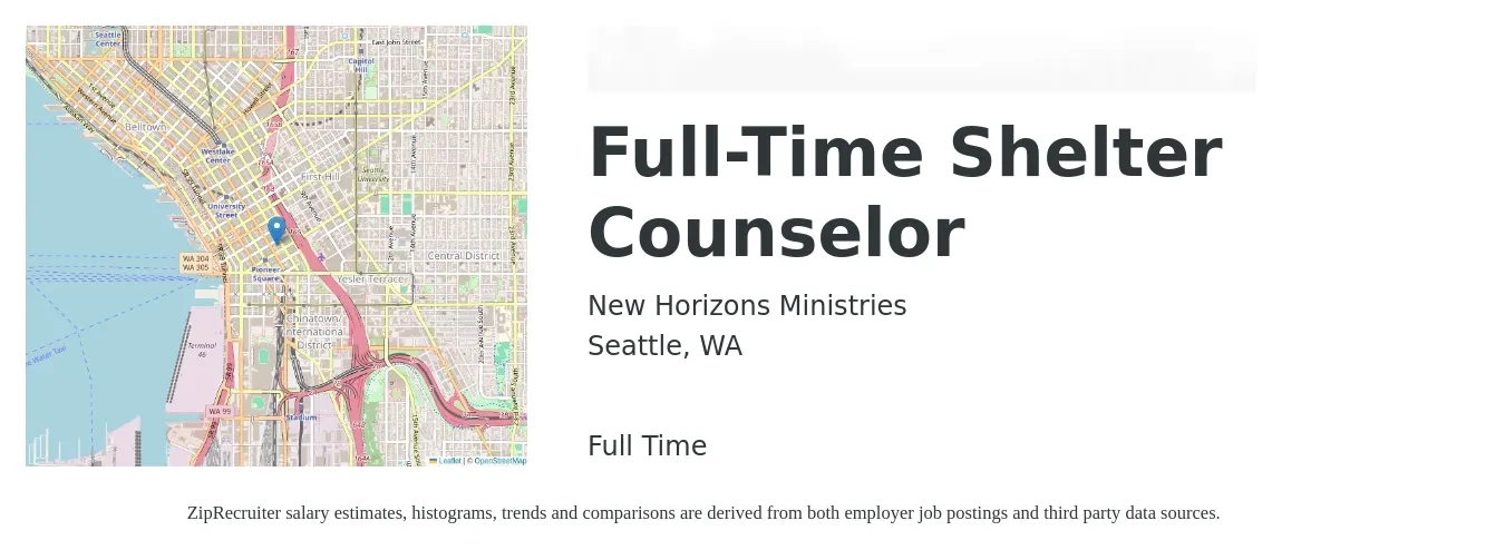 New Horizons Ministries job posting for a Full-Time Shelter Counselor in Seattle, WA with a salary of $23 Hourly with a map of Seattle location.