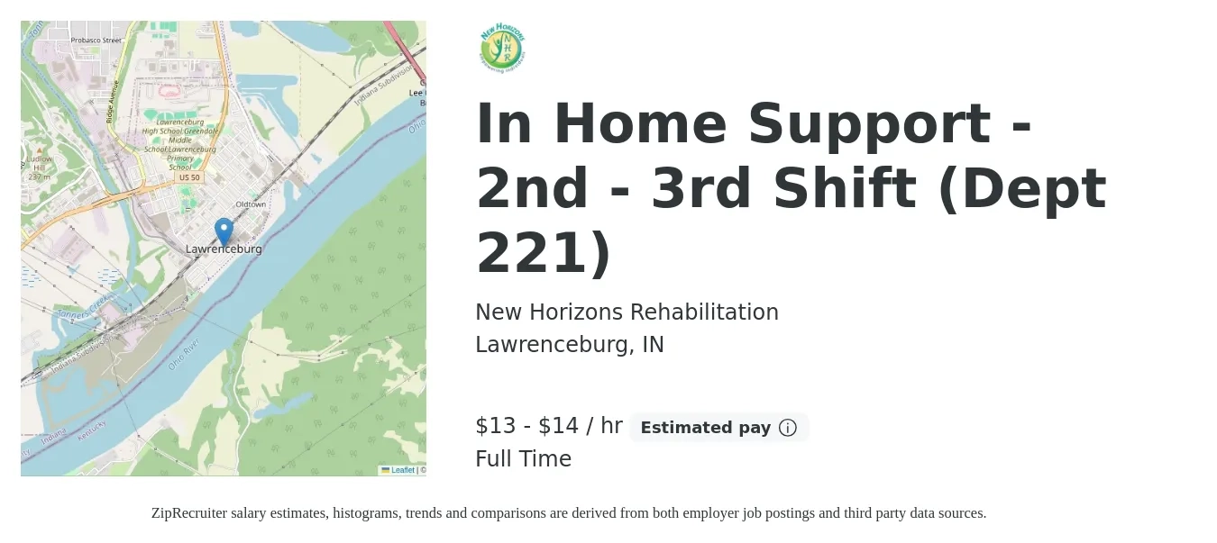 New Horizons Rehabilitation job posting for a In Home Support - 2nd - 3rd Shift (Dept 221) in Lawrenceburg, IN with a salary of $14 to $15 Hourly with a map of Lawrenceburg location.