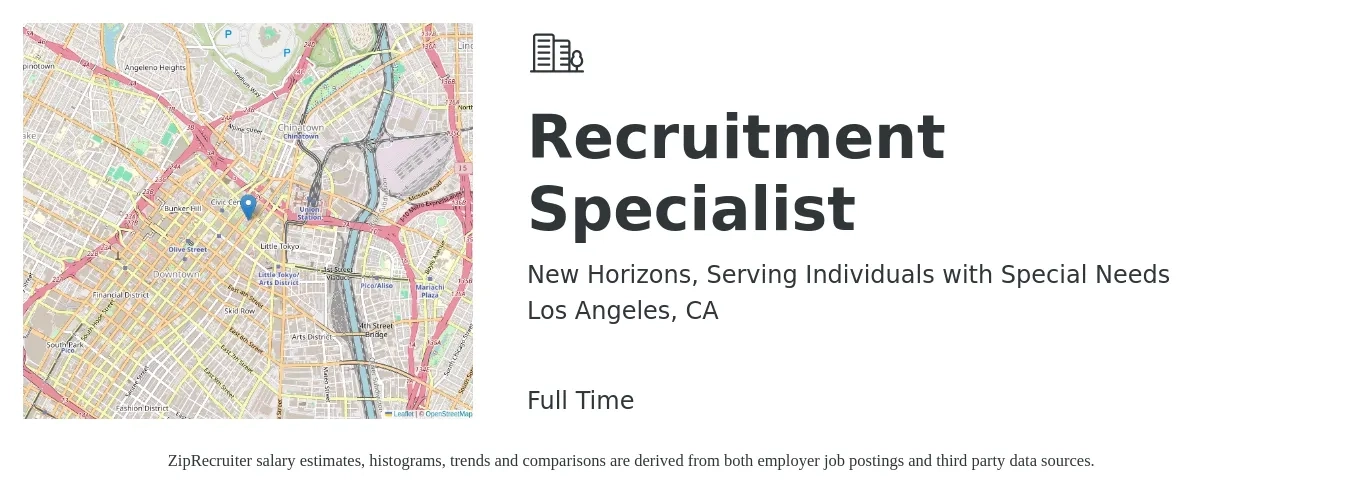 New Horizons, Serving Individuals with Special Needs job posting for a Recruitment Specialist in Los Angeles, CA with a salary of $43,600 to $72,700 Yearly with a map of Los Angeles location.