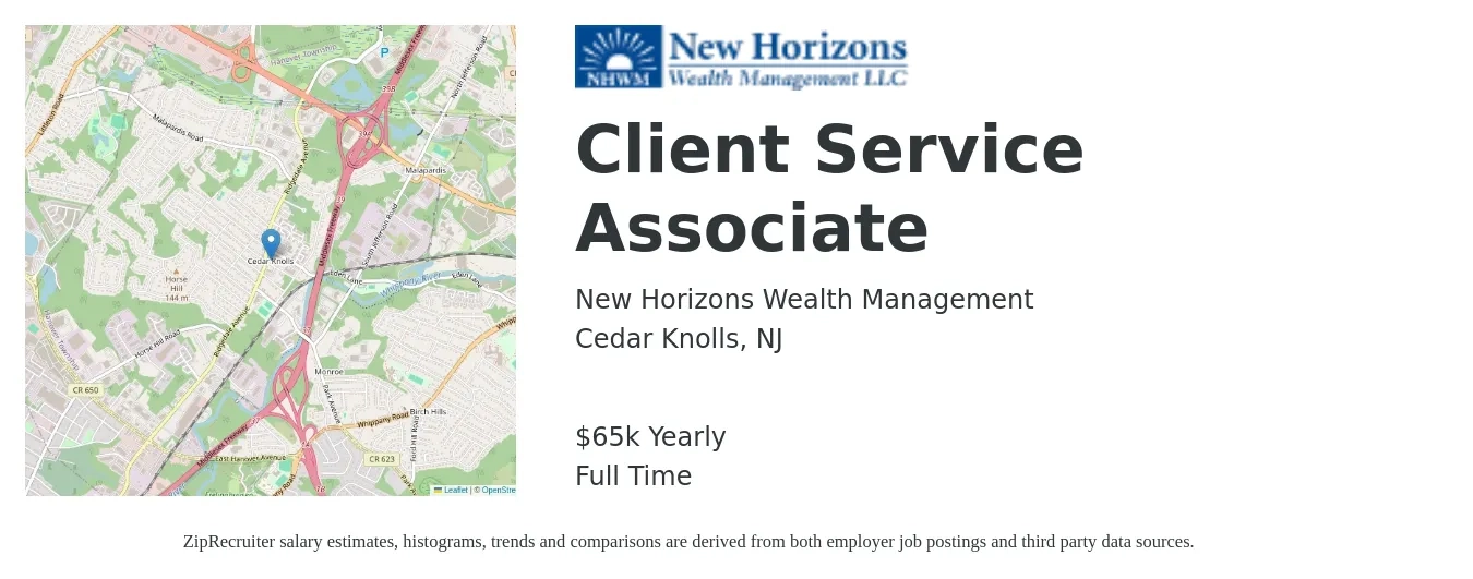 New Horizons Wealth Management job posting for a Client Service Associate in Cedar Knolls, NJ with a salary of $65,000 Yearly with a map of Cedar Knolls location.