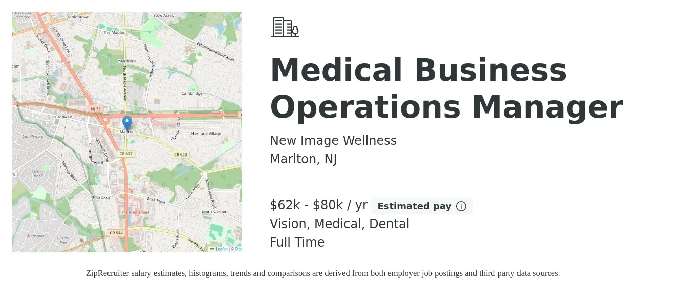 New Image Wellness job posting for a Medical Business Operations Manager in Marlton, NJ with a salary of $62,400 to $80,000 Yearly and benefits including dental, medical, and vision with a map of Marlton location.