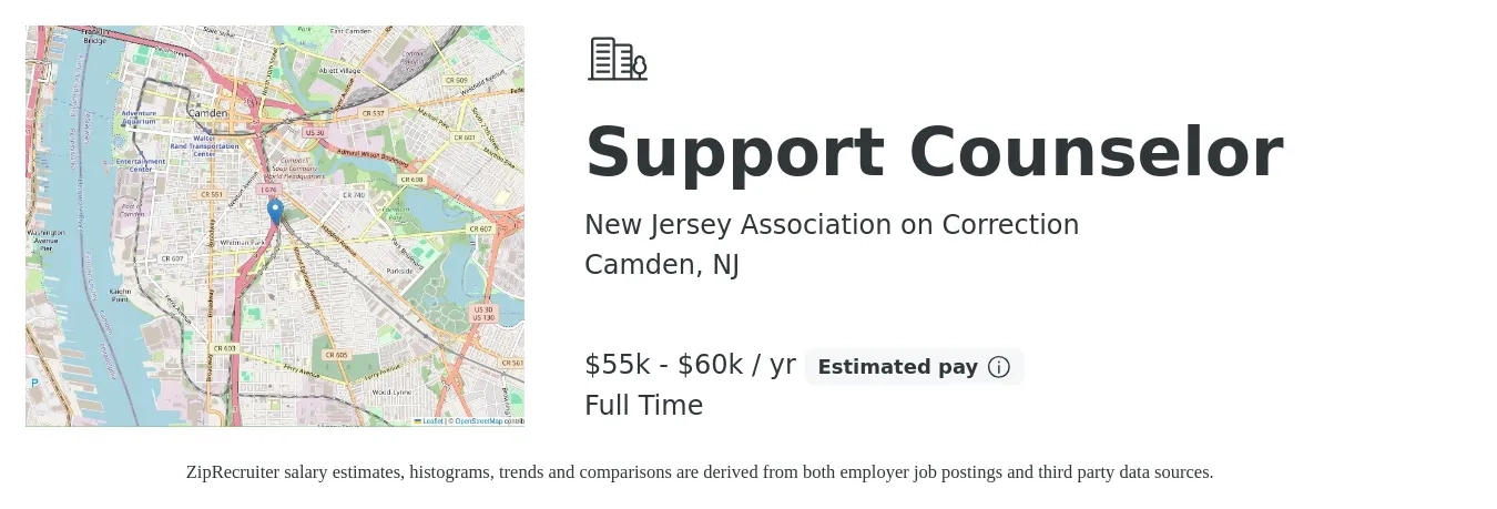 New Jersey Association on Correction job posting for a Support Counselor in Camden, NJ with a salary of $55,000 to $60,000 Yearly with a map of Camden location.