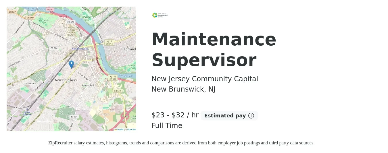 New Jersey Community Capital job posting for a Maintenance Supervisor in New Brunswick, NJ with a salary of $51,000 to $70,000 Yearly with a map of New Brunswick location.