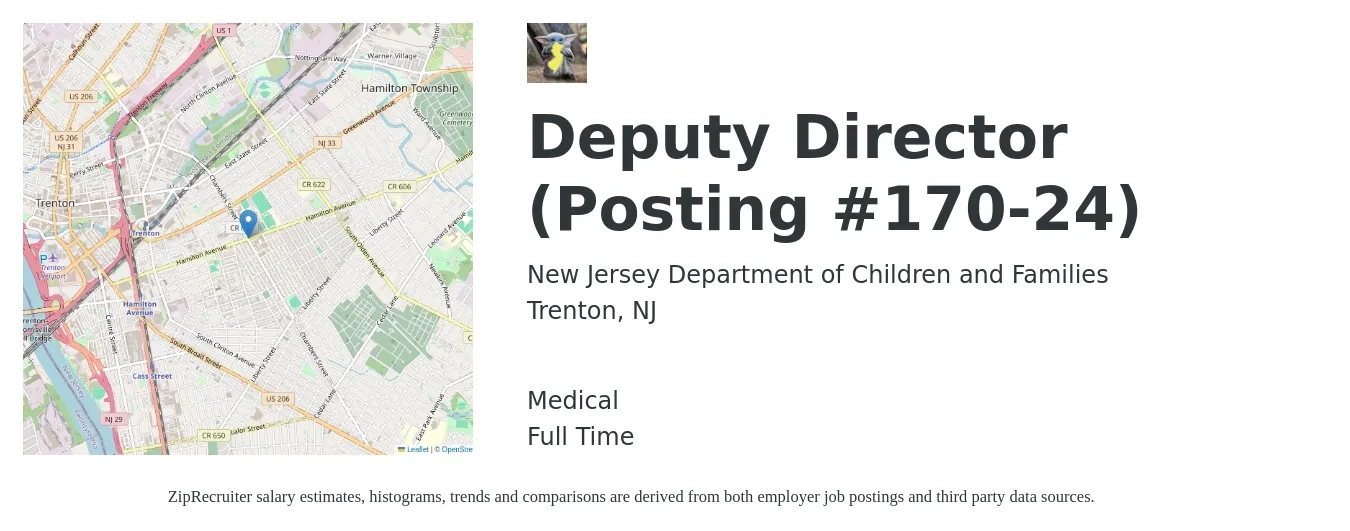 New Jersey Department of Children and Families job posting for a Deputy Director (Posting #170-24) in Trenton, NJ with a salary of $105,800 to $153,400 Yearly and benefits including medical with a map of Trenton location.