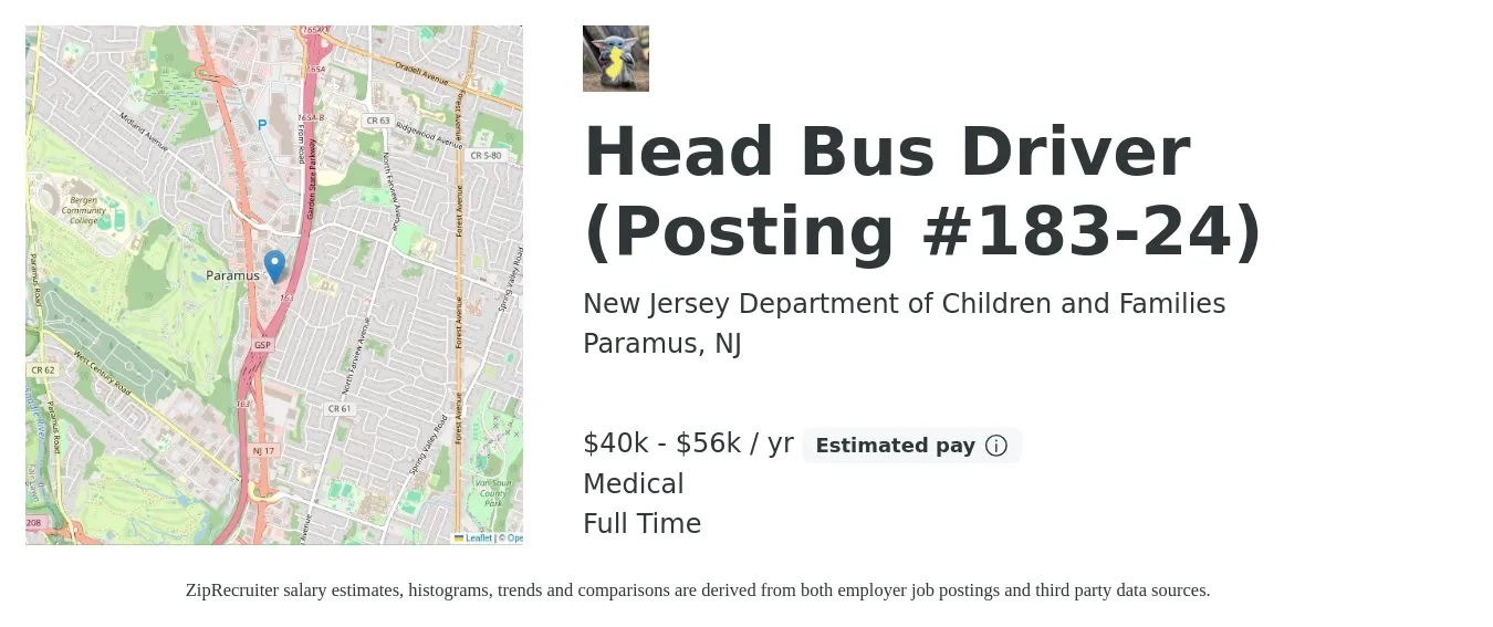 New Jersey Department of Children and Families job posting for a Head Bus Driver (Posting #183-24) in Paramus, NJ with a salary of $40,362 to $56,412 Yearly and benefits including medical with a map of Paramus location.
