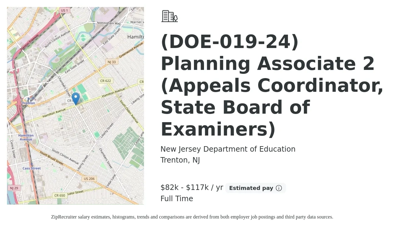 New Jersey Department of Education job posting for a (DOE-019-24) Planning Associate 2 (Appeals Coordinator, State Board of Examiners) in Trenton, NJ with a salary of $82,643 to $117,770 Yearly with a map of Trenton location.