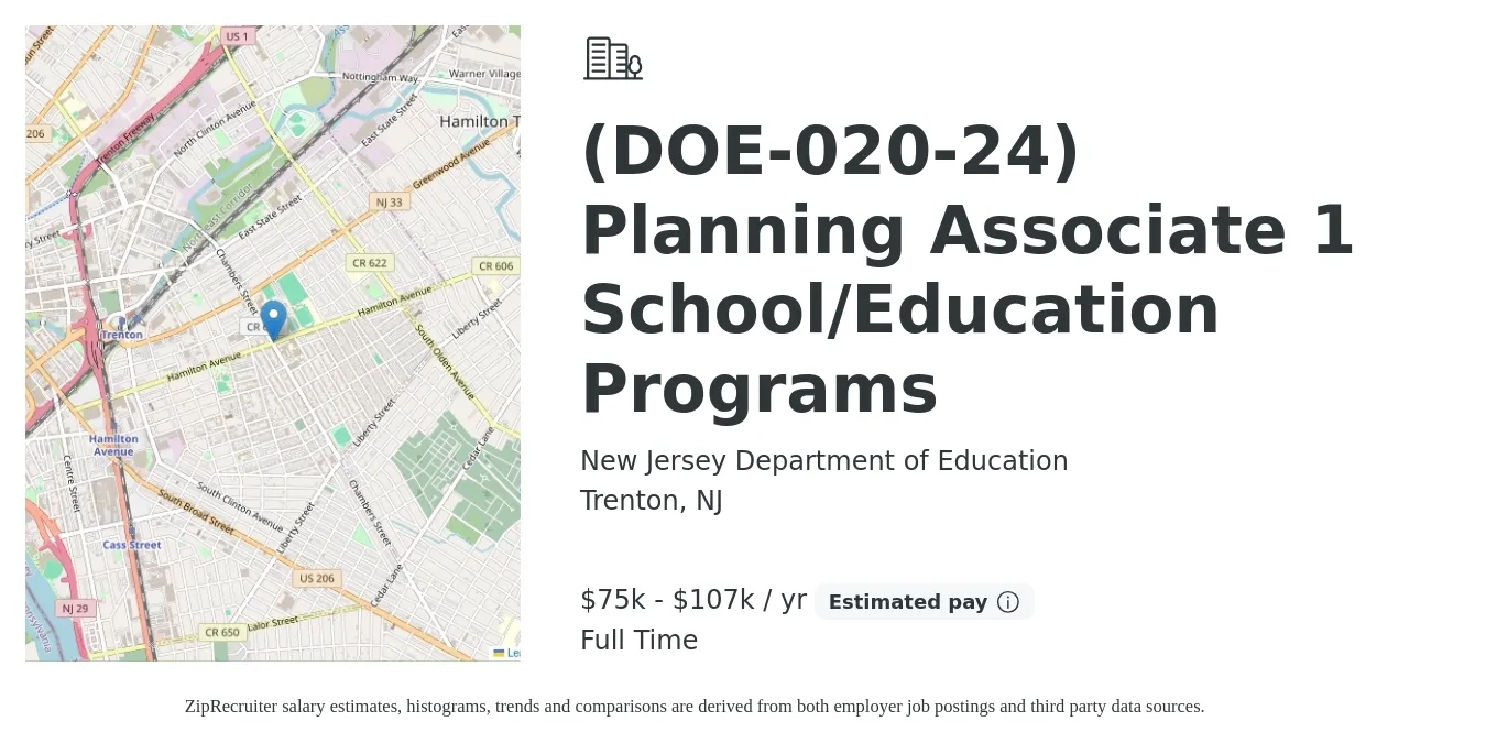 New Jersey Department of Education job posting for a (DOE-020-24) Planning Associate 1 School/Education Programs in Trenton, NJ with a salary of $75,386 to $107,247 Yearly with a map of Trenton location.