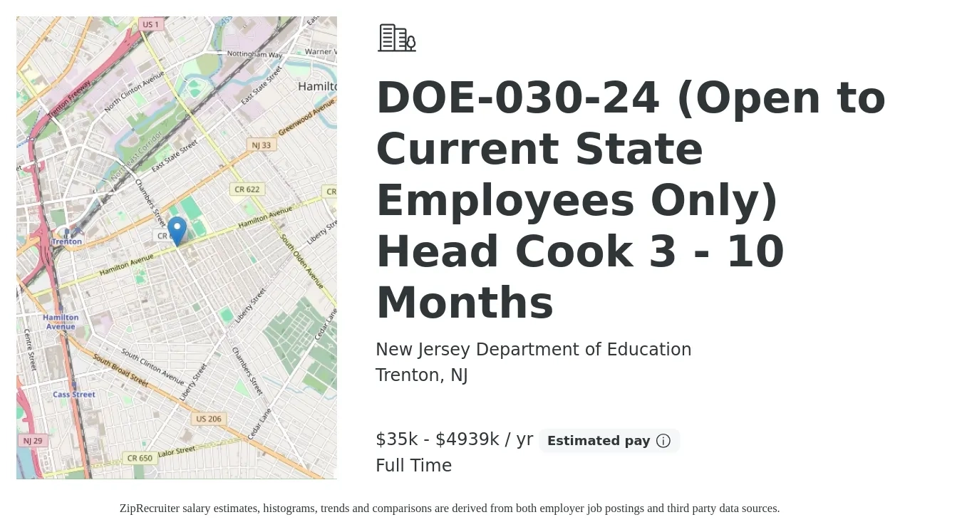 New Jersey Department of Education job posting for a DOE-030-24 (Open to Current State Employees Only) Head Cook 3 - 10 Months in Trenton, NJ with a salary of $35,499 to $4,939,802 Yearly with a map of Trenton location.