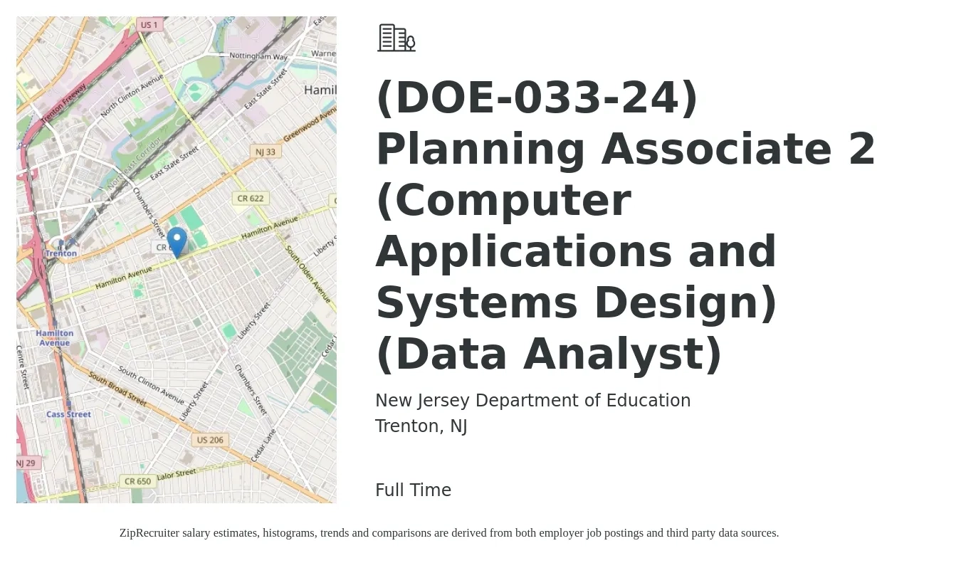 New Jersey Department of Education job posting for a (DOE-033-24) Planning Associate 2 (Computer Applications and Systems Design) (Data Analyst) in Trenton, NJ with a salary of $82,643 to $117,770 Yearly with a map of Trenton location.