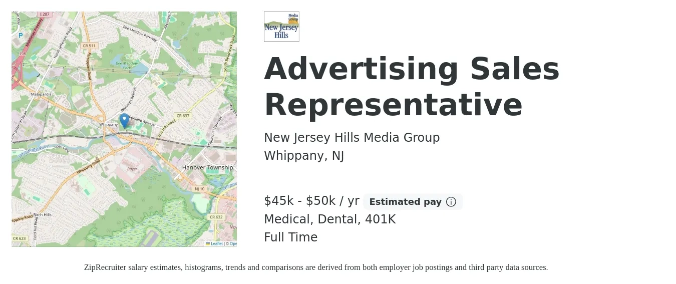 New Jersey Hills Media Group job posting for a Advertising Sales Representative in Whippany, NJ with a salary of $45,000 to $50,000 Yearly and benefits including medical, 401k, and dental with a map of Whippany location.