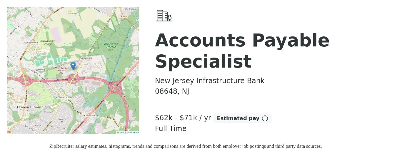 New Jersey Infrastructure Bank job posting for a Accounts Payable Specialist in 08648, NJ with a salary of $62,836 to $71,571 Yearly with a map of 08648 location.