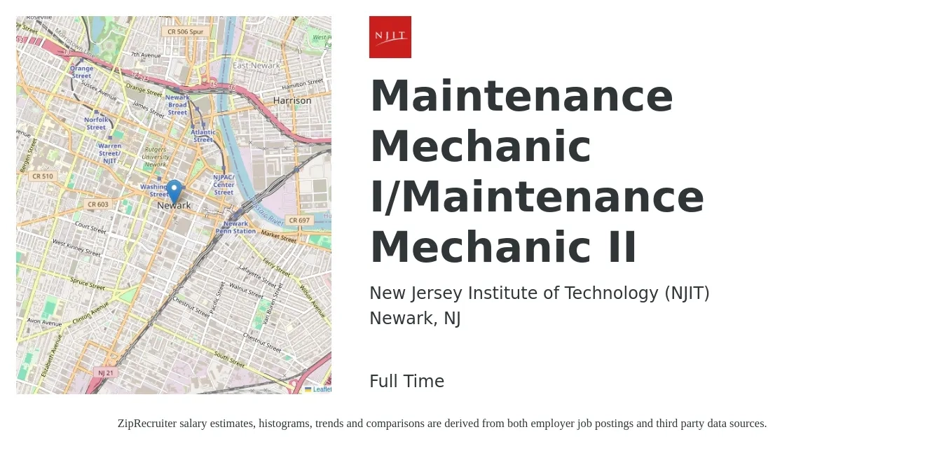 New Jersey Institute of Technology (NJIT) job posting for a Maintenance Mechanic I/Maintenance Mechanic II in Newark, NJ with a salary of $26 to $34 Hourly with a map of Newark location.