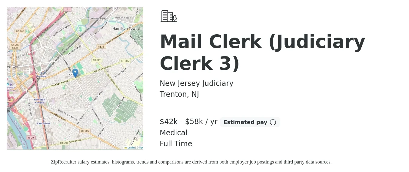 New Jersey Judiciary job posting for a Mail Clerk (Judiciary Clerk 3) in Trenton, NJ with a salary of $42,827 to $58,068 Yearly and benefits including medical with a map of Trenton location.