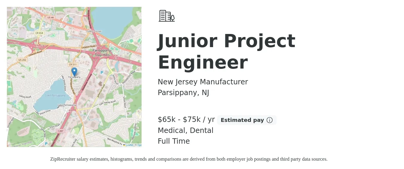 New Jersey Manufacturer job posting for a Junior Project Engineer in Parsippany, NJ with a salary of $65,000 to $75,000 Yearly and benefits including medical, pto, retirement, dental, and life_insurance with a map of Parsippany location.