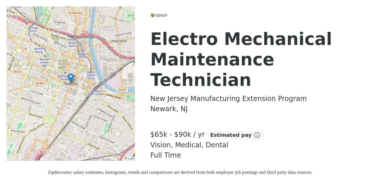 New Jersey Manufacturing Extension Program job posting for a Electro Mechanical Maintenance Technician in Newark, NJ with a salary of $65,000 to $90,000 Yearly and benefits including retirement, vision, dental, life_insurance, and medical with a map of Newark location.