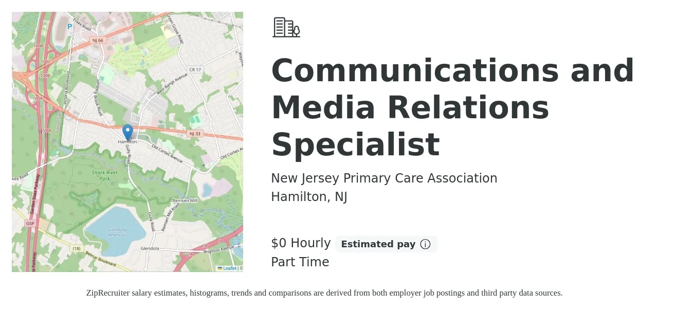 New Jersey Primary Care Association job posting for a Communications and Media Relations Specialist in Hamilton, NJ with a salary of $1 Hourly with a map of Hamilton location.