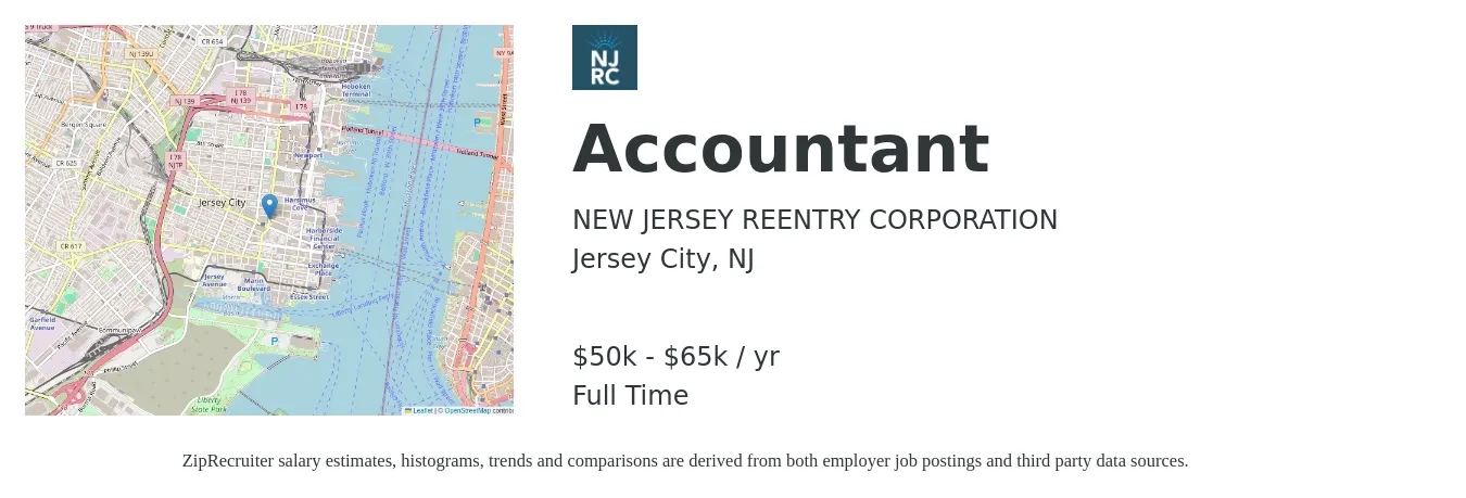 NEW JERSEY REENTRY CORPORATION job posting for a Accountant in Jersey City, NJ with a salary of $50,000 to $65,000 Yearly with a map of Jersey City location.