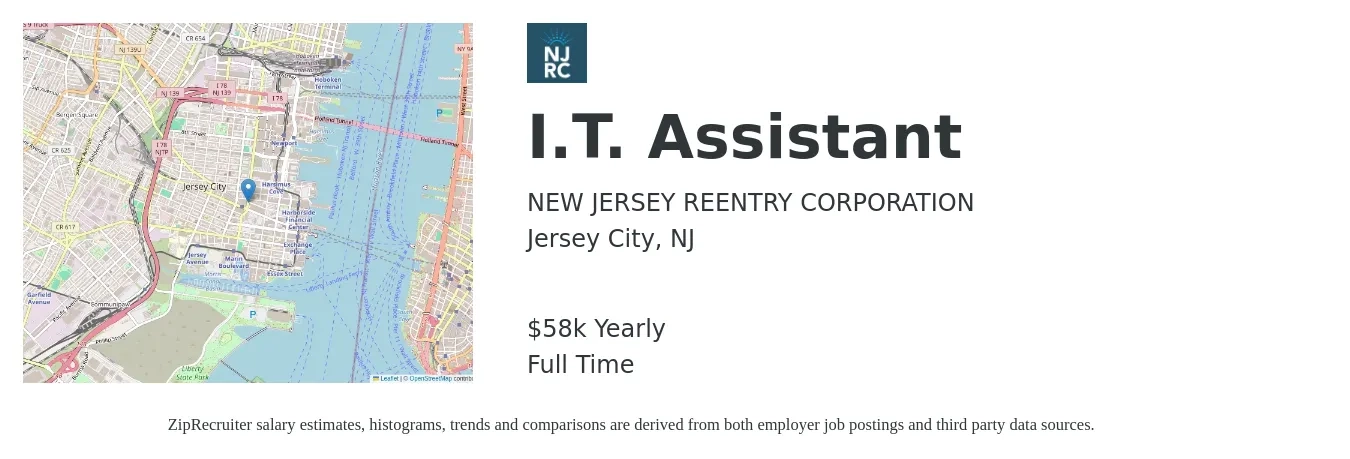 NEW JERSEY REENTRY CORPORATION job posting for a I.T. Assistant in Jersey City, NJ with a salary of $58,000 Yearly with a map of Jersey City location.