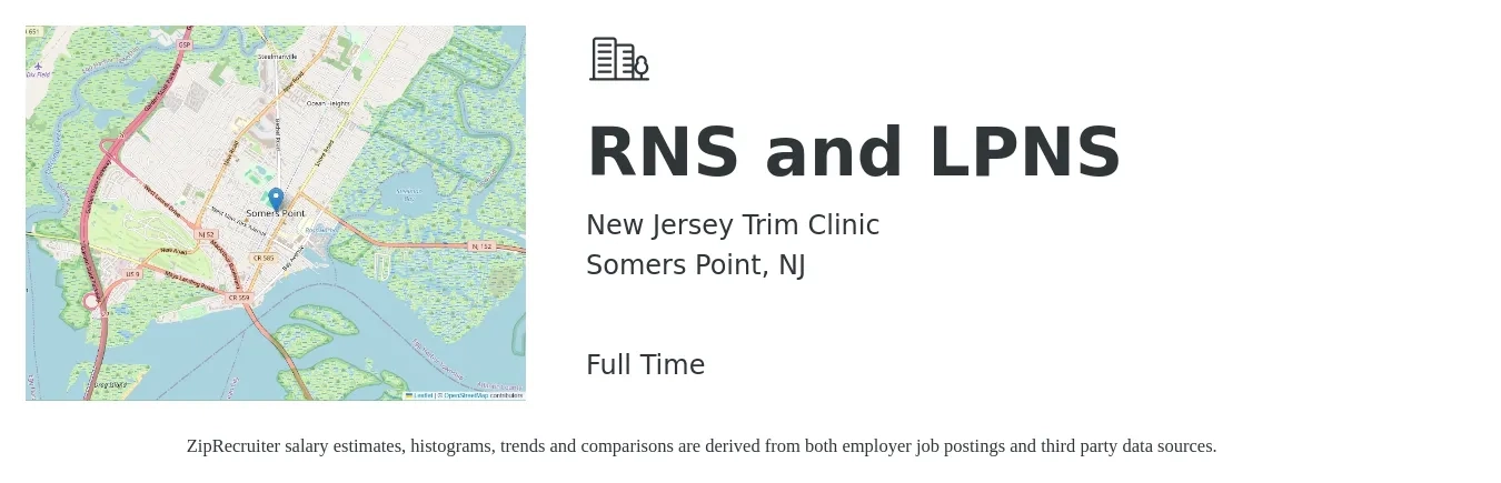 New Jersey Trim Clinic job posting for a RNS and LPNS in Somers Point, NJ with a salary of $850 to $1,050 Weekly with a map of Somers Point location.