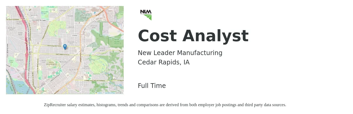 New Leader Manufacturing job posting for a Cost Analyst in Cedar Rapids, IA with a salary of $68,300 to $98,700 Yearly with a map of Cedar Rapids location.