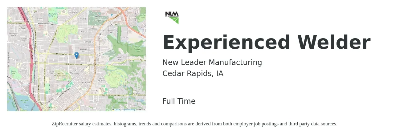 New Leader Manufacturing job posting for a Experienced Welder in Cedar Rapids, IA with a salary of $19 to $25 Hourly with a map of Cedar Rapids location.