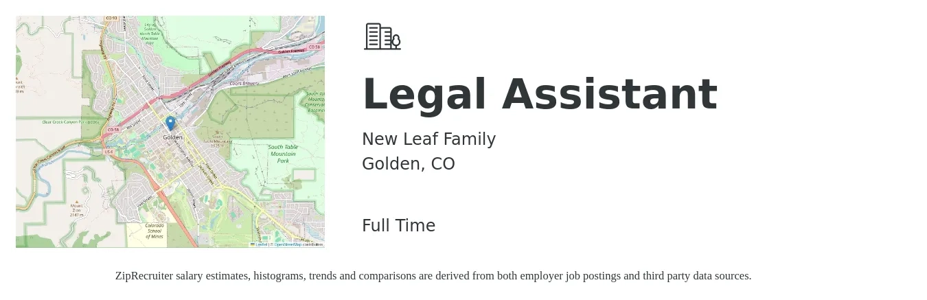 New Leaf Family job posting for a Legal Assistant in Golden, CO with a salary of $39,200 to $56,800 Yearly with a map of Golden location.