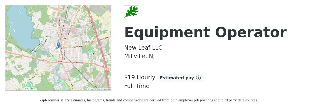 New Leaf LLC job posting for a Equipment Operator in Millville, NJ with a salary of $20 Hourly with a map of Millville location.